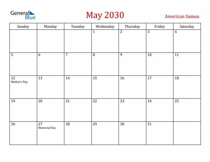 American Samoa May 2030 Calendar - Sunday Start