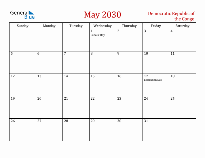 Democratic Republic of the Congo May 2030 Calendar - Sunday Start