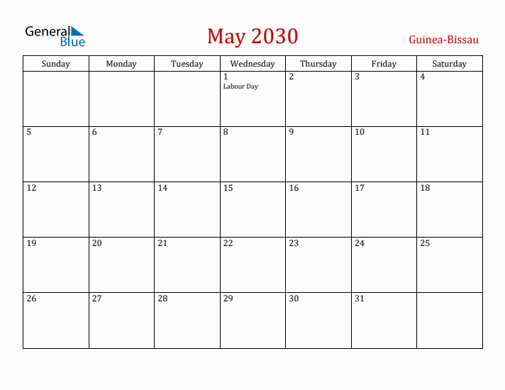 Guinea-Bissau May 2030 Calendar - Sunday Start