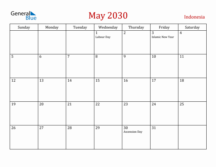 Indonesia May 2030 Calendar - Sunday Start