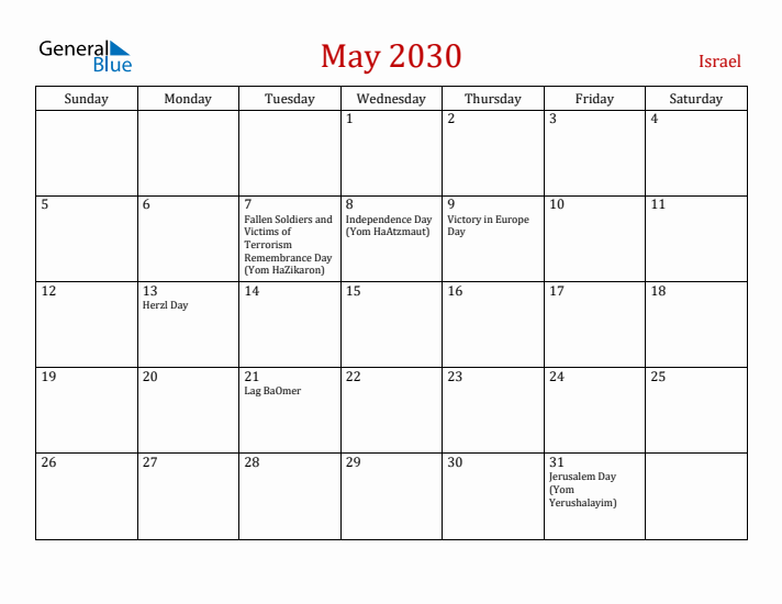 Israel May 2030 Calendar - Sunday Start