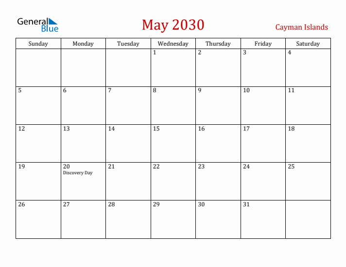 Cayman Islands May 2030 Calendar - Sunday Start