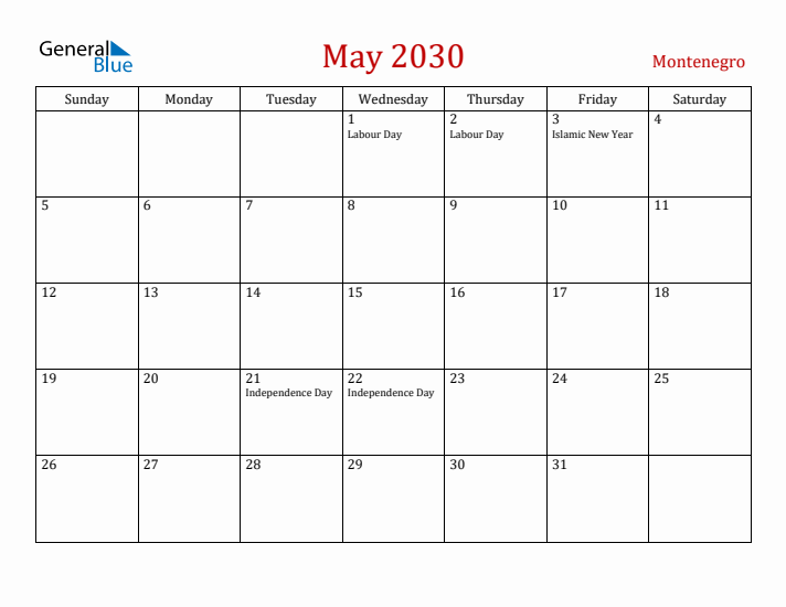 Montenegro May 2030 Calendar - Sunday Start