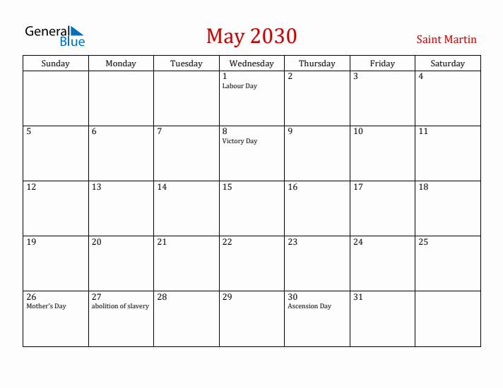 Saint Martin May 2030 Calendar - Sunday Start