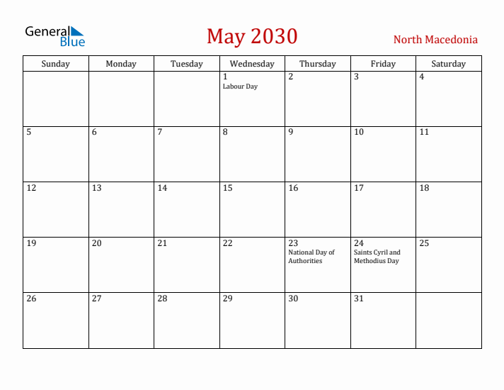 North Macedonia May 2030 Calendar - Sunday Start