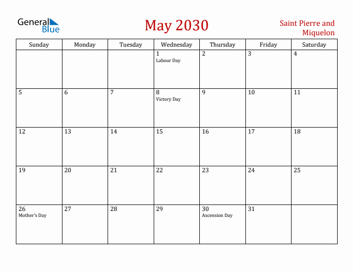 Saint Pierre and Miquelon May 2030 Calendar - Sunday Start