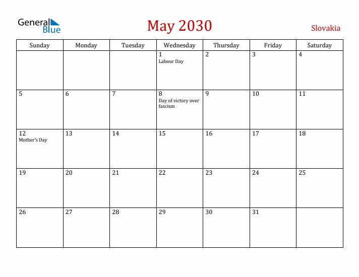 Slovakia May 2030 Calendar - Sunday Start