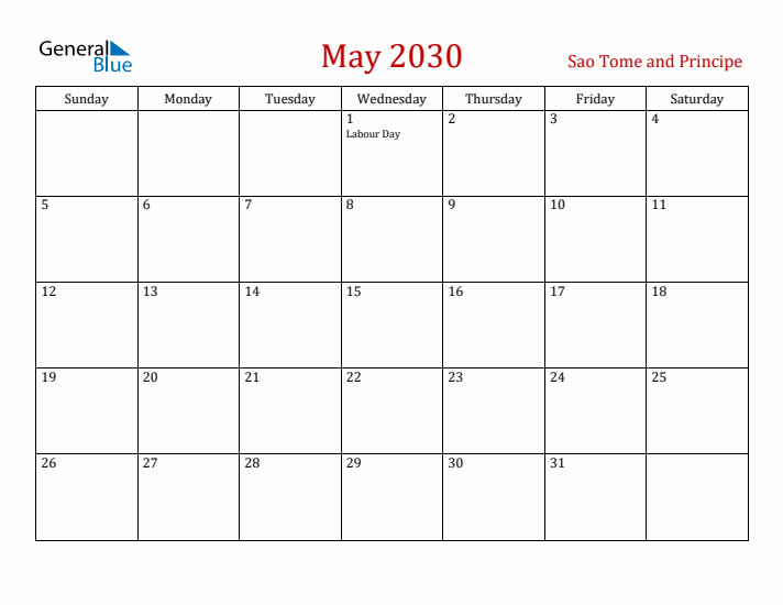 Sao Tome and Principe May 2030 Calendar - Sunday Start