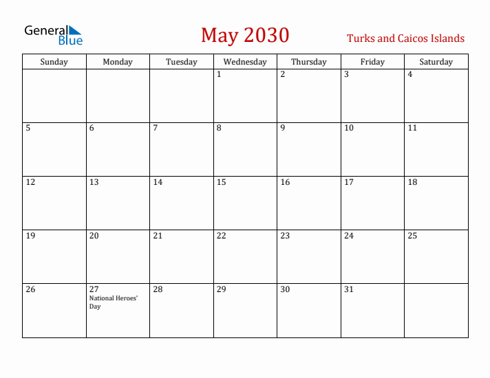 Turks and Caicos Islands May 2030 Calendar - Sunday Start