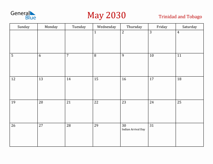 Trinidad and Tobago May 2030 Calendar - Sunday Start