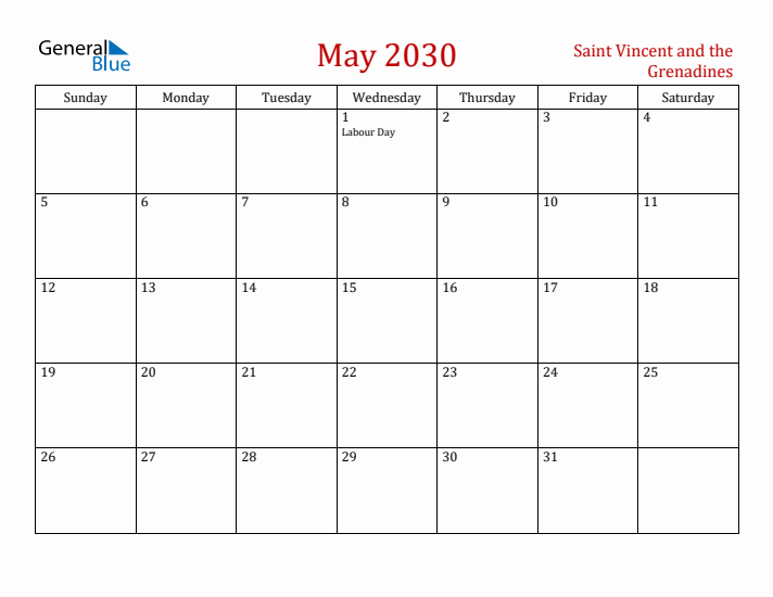 Saint Vincent and the Grenadines May 2030 Calendar - Sunday Start