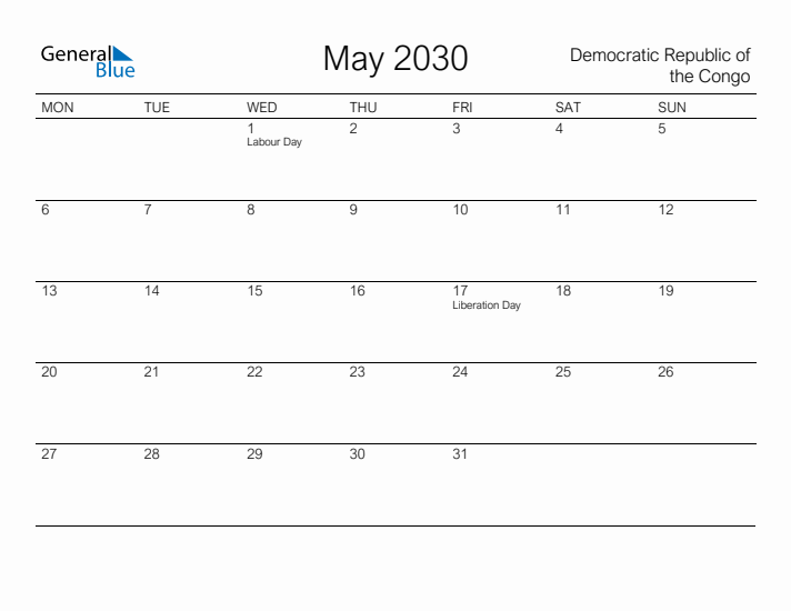 Printable May 2030 Calendar for Democratic Republic of the Congo