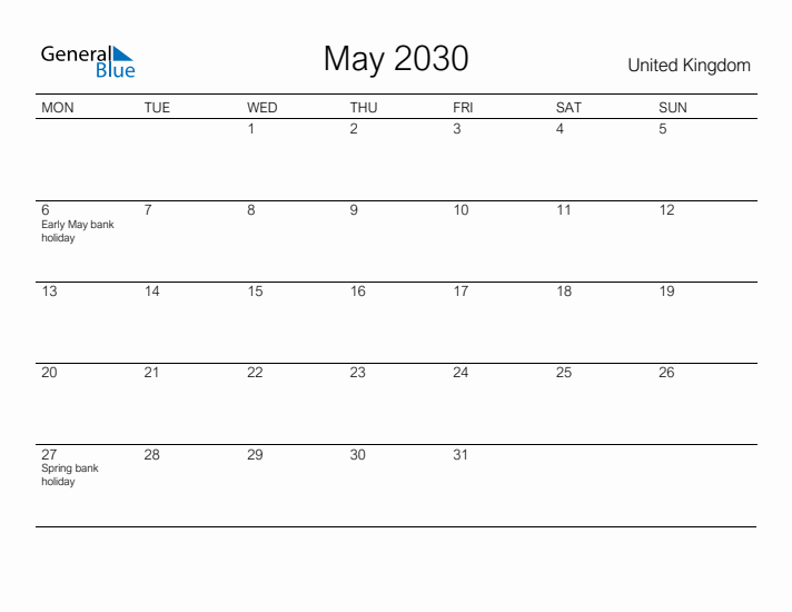 Printable May 2030 Calendar for United Kingdom