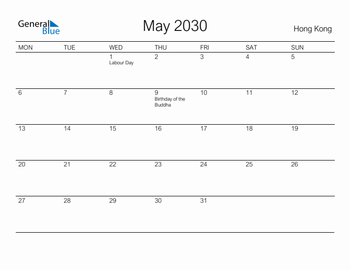 Printable May 2030 Calendar for Hong Kong