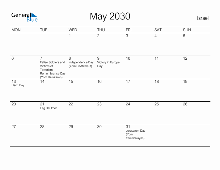 Printable May 2030 Calendar for Israel