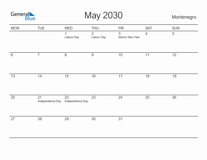 Printable May 2030 Calendar for Montenegro