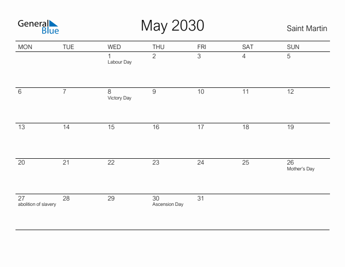 Printable May 2030 Calendar for Saint Martin