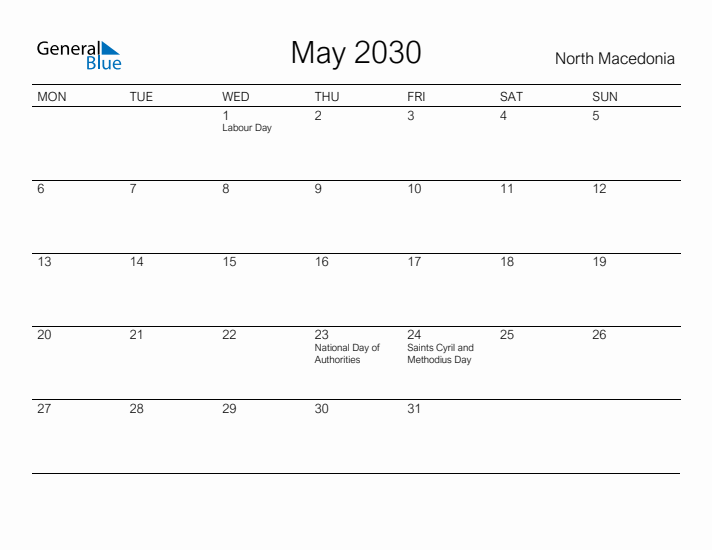 Printable May 2030 Calendar for North Macedonia