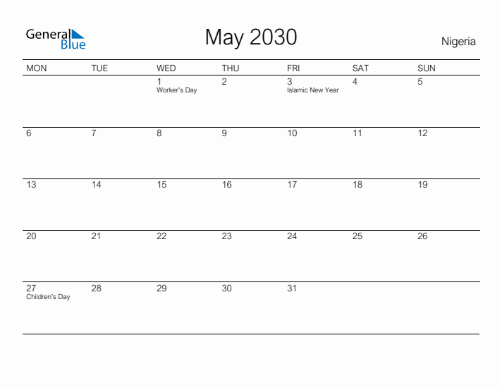 Printable May 2030 Calendar for Nigeria