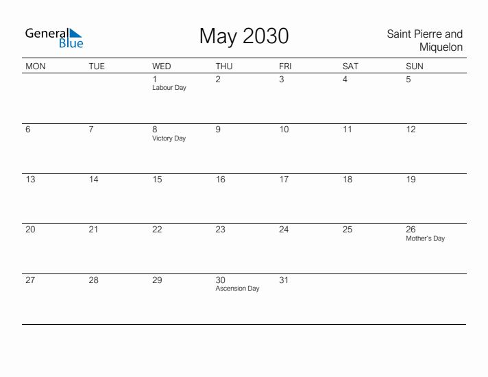 Printable May 2030 Calendar for Saint Pierre and Miquelon