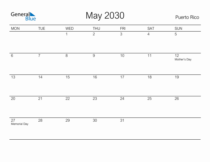 Printable May 2030 Calendar for Puerto Rico