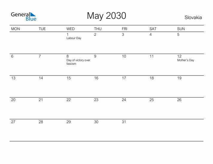 Printable May 2030 Calendar for Slovakia