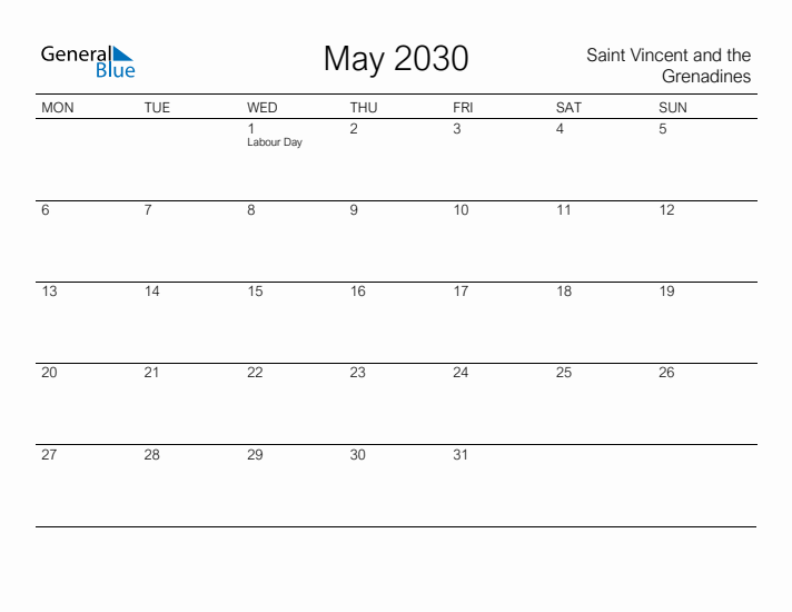 Printable May 2030 Calendar for Saint Vincent and the Grenadines