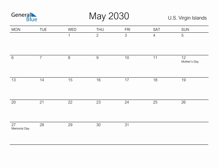 Printable May 2030 Calendar for U.S. Virgin Islands