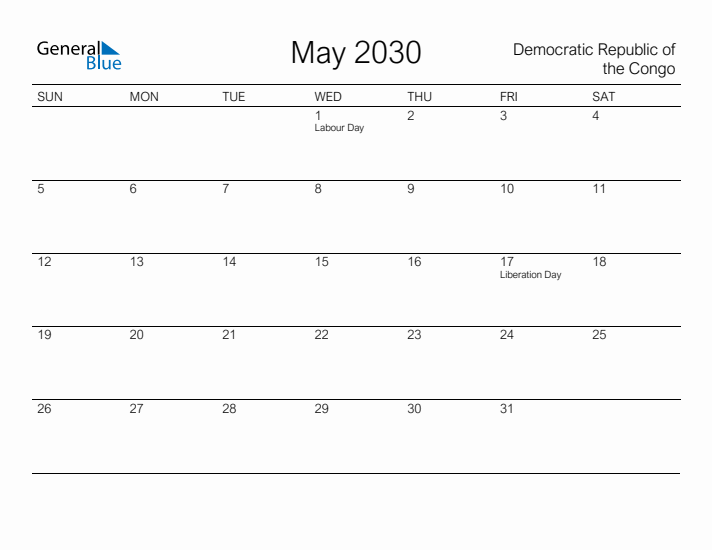 Printable May 2030 Calendar for Democratic Republic of the Congo