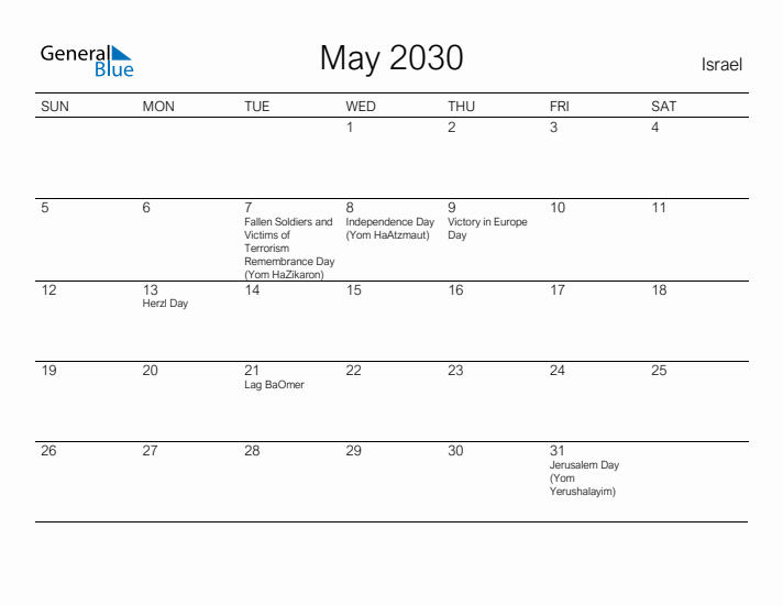 Printable May 2030 Calendar for Israel