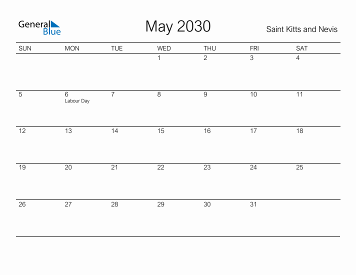 Printable May 2030 Calendar for Saint Kitts and Nevis