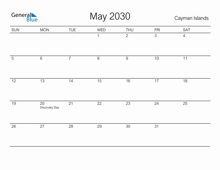 Printable May 2030 Calendar for Cayman Islands