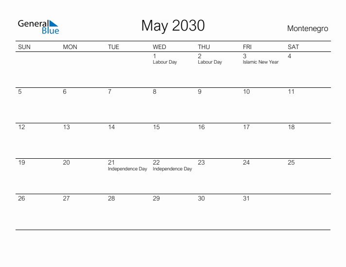 Printable May 2030 Calendar for Montenegro