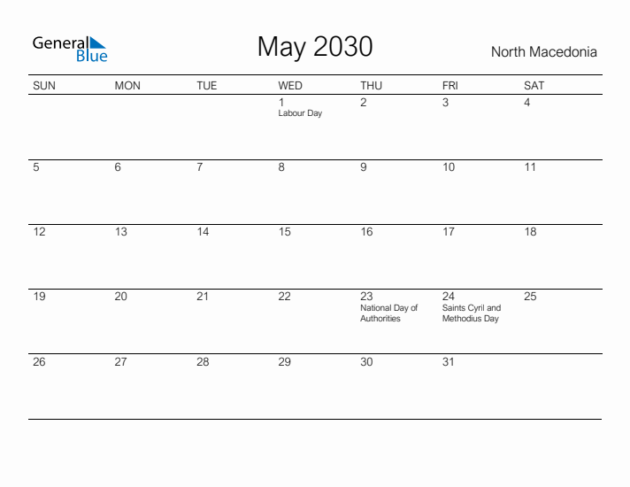 Printable May 2030 Calendar for North Macedonia