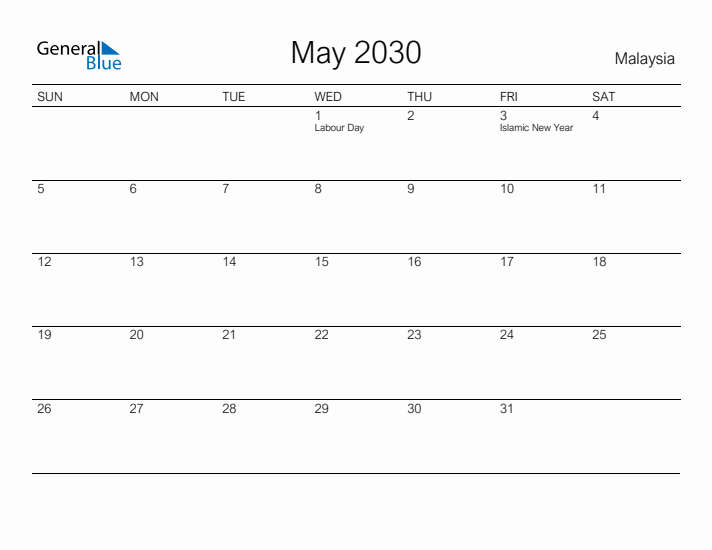 Printable May 2030 Calendar for Malaysia