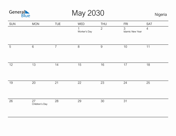 Printable May 2030 Calendar for Nigeria