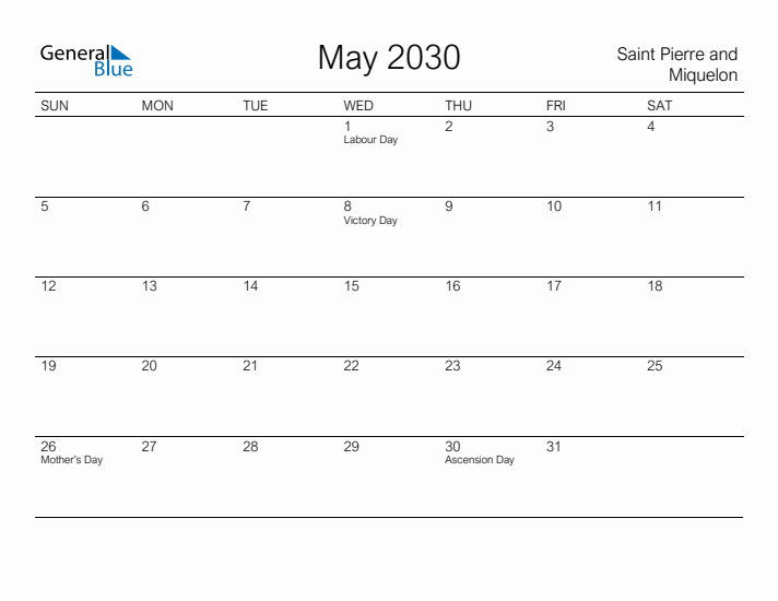 Printable May 2030 Calendar for Saint Pierre and Miquelon