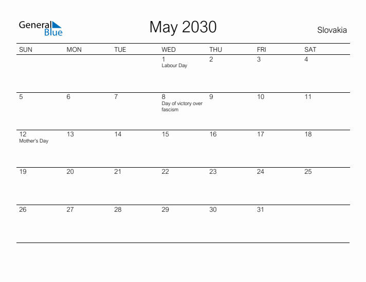 Printable May 2030 Calendar for Slovakia
