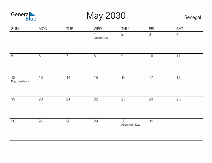 Printable May 2030 Calendar for Senegal