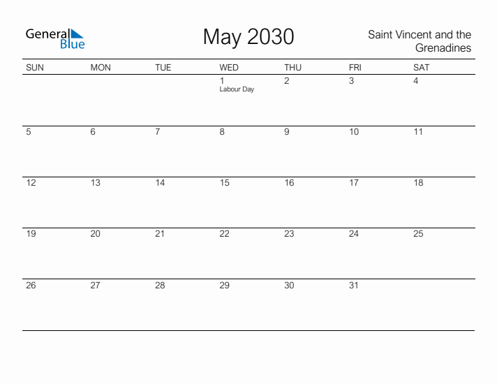 Printable May 2030 Calendar for Saint Vincent and the Grenadines