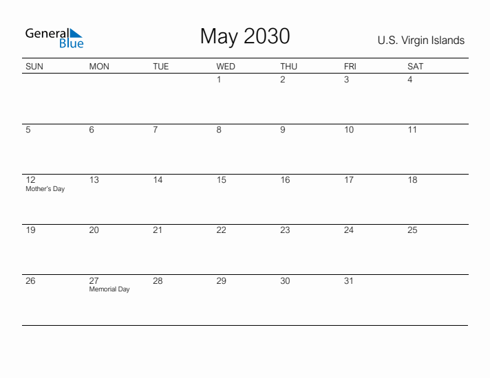 Printable May 2030 Calendar for U.S. Virgin Islands