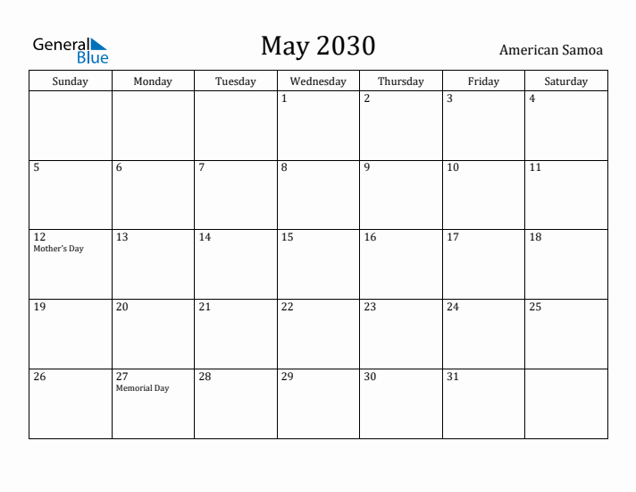 May 2030 Calendar American Samoa
