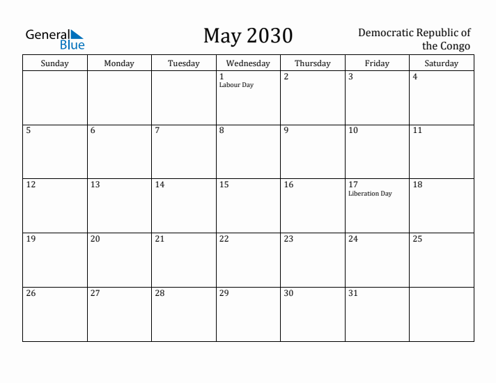 May 2030 Calendar Democratic Republic of the Congo