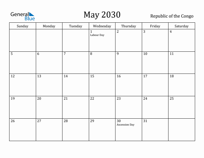 May 2030 Calendar Republic of the Congo