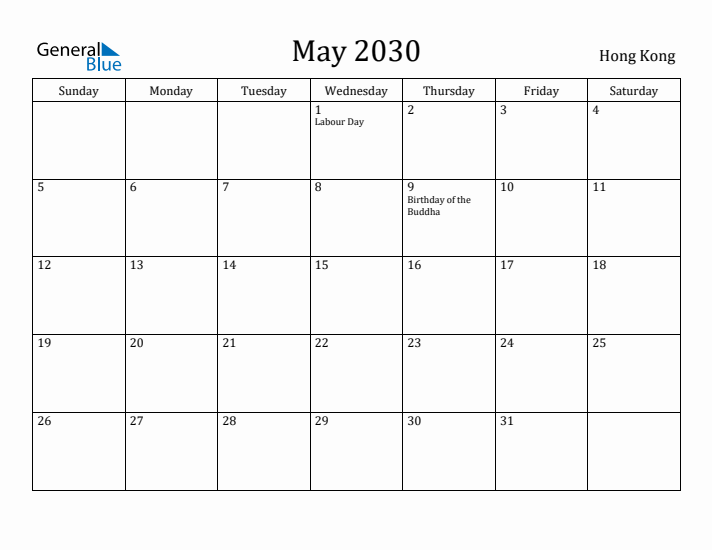 May 2030 Calendar Hong Kong