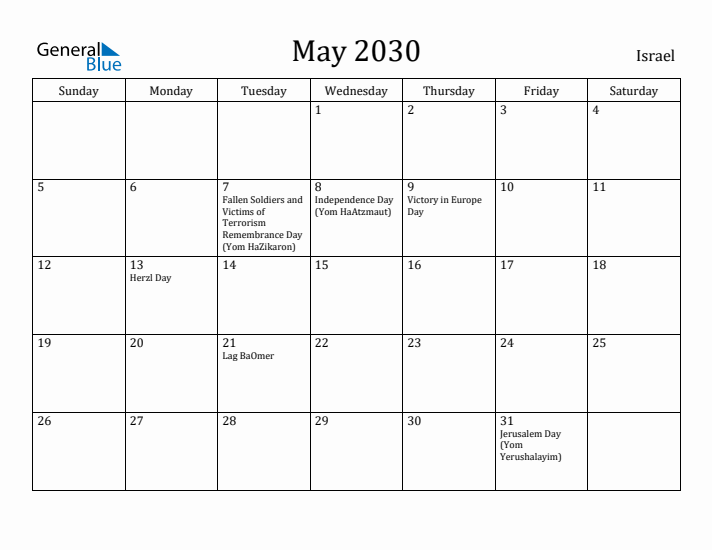 May 2030 Calendar Israel