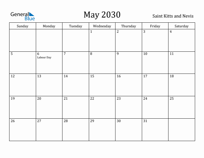May 2030 Calendar Saint Kitts and Nevis