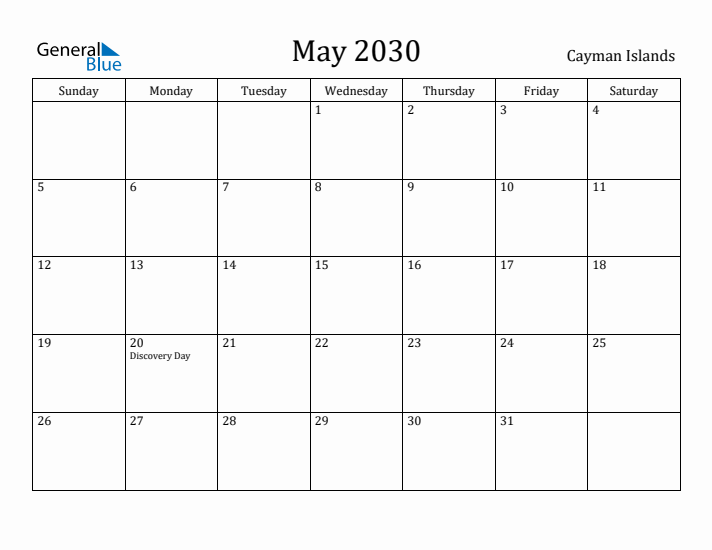 May 2030 Calendar Cayman Islands
