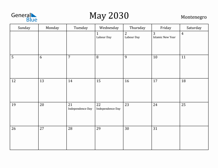 May 2030 Calendar Montenegro