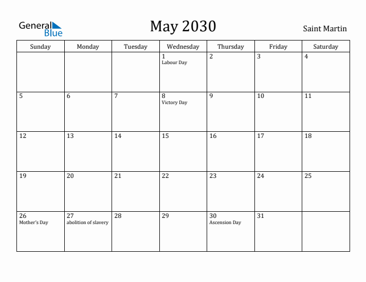 May 2030 Calendar Saint Martin